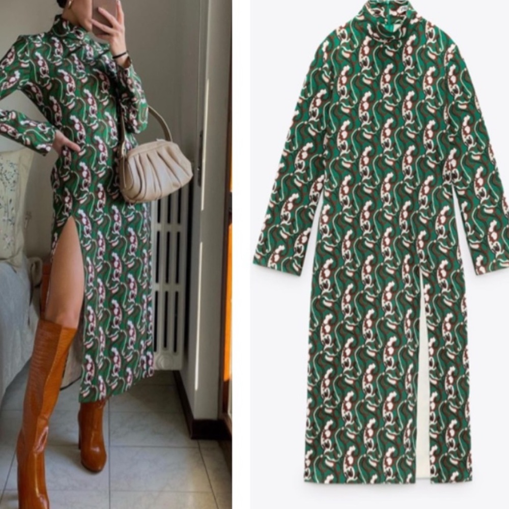 Zara Green Printed High-Slit Midi Dress